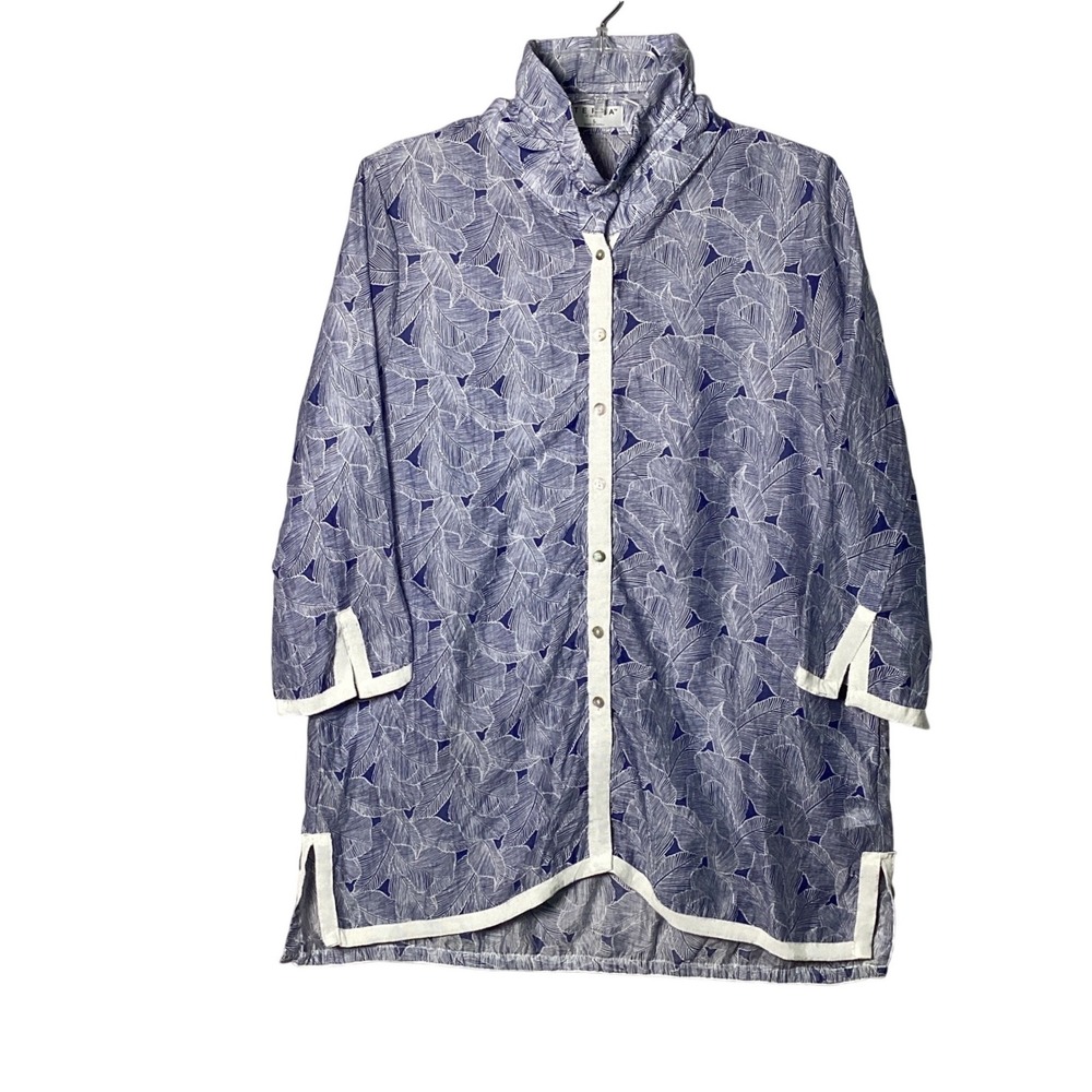 TERRA Leaf Print Button Front Tunic Women's Large Blue White Tropical Pockets